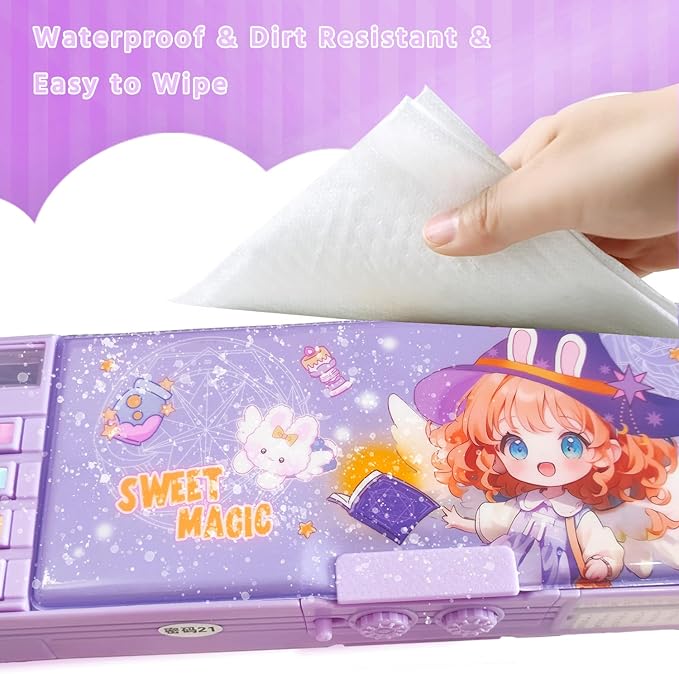 【2Pack】Pop Up Multifunction Pencil Case for Girls and Boys, Cute Cartoon Pen Box Organizer Stationery with Lock, Sharpener, Schedule, Whiteboard, School Supplies, Best Gifts for Kids (Purple+Pink)