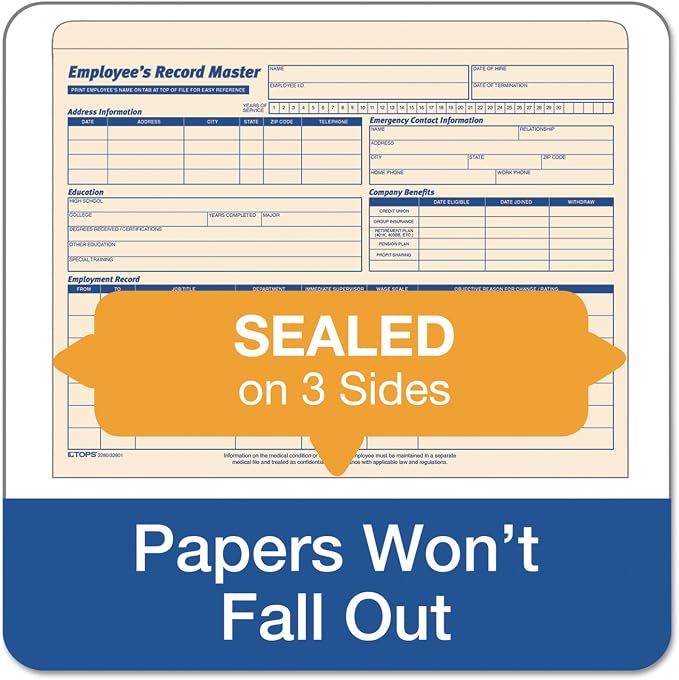 TOPS 3280 Employee Record Master File Jacket, 9 1/2 x 11 3/4, 10 Point Manila (Pack of 20)