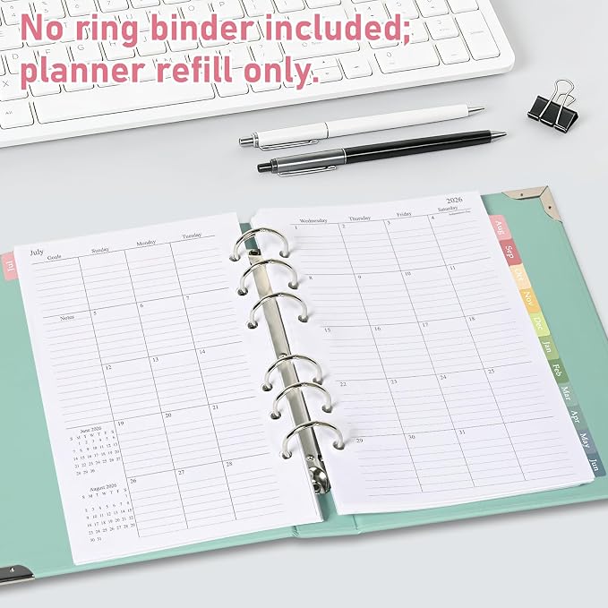 2026-2027 Monthly Planner Refill for A6 6-Ring Binders, 3.8"x6.8" Small Size Planner Inserts, Jul. 2026 - Dec. 2027, 18 Monthly Calendars with Colorful Laminated Tabs, 6-Hole Punched