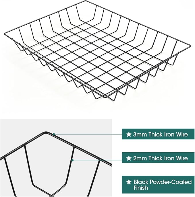 Wire File Basket for Desk Accessories – Extra Large Tapered Open Frame Organizer for A4, Letter Size, Magazines & Folders – Glossy Black Iron Desktop Tray for Office,School & Home