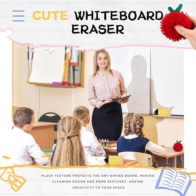 Wonderjune 6 Pcs Mini Dry Erase Erasers for Students Lap Boards Funny Apple and Pencil Shaped Washable Microfiber Shag Whiteboard Eraser for Kids Teacher Classroom Reward Gifts Decor Supplies
