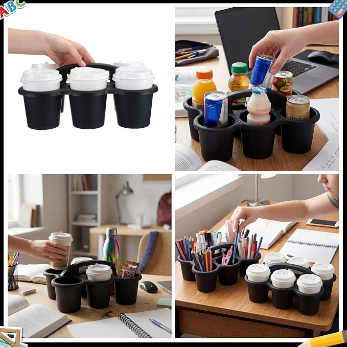 Reallnaive 6 Pack Classroom Caddy Plastic Cup Crayon Pen Holder with Handle, 6-hole Cup Storage Art Caddies Table Organizer for Drink Delivery Pencil Pen School Office Art Crafting (Black)