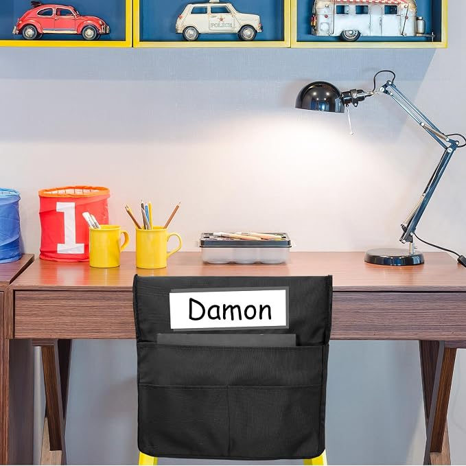 Boao 24 Pcs Chairback Pockets for Classroom with Name Tags, 16.3 x 15 Inch Seat Storage Organizers, 2 Large Pockets Chair Back Organizers for Students Teachers School Supplies(Black)