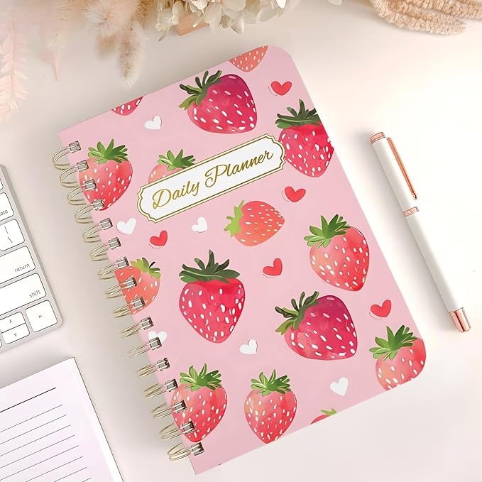 Undated Daily Planner - Spiral Notebook 80 Days One Day Per Page, Hourly Schedule, To-Do List, Notes, Everyday Planning Task, A5 Hardcover Journal Organizer Book Women Cute, Strawberry