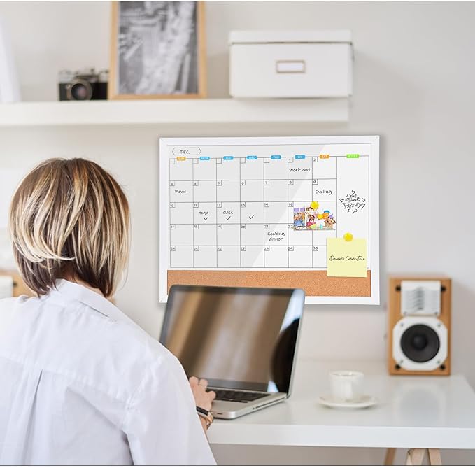 Monthly Whiteboard Calendar with Cork Board for Wall, 17"x13",Magnetic Dry Erase Board with White Wood Framed,2-1 Wall Planner Whiteboard,Bulletin Board with Pins for Home,School,Office