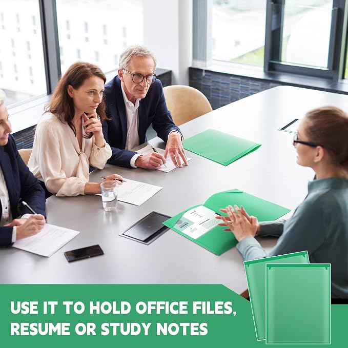 Henoyso 18 Pack Green Plastic Folders with Clear Front Pockets Heavy Duty File Folders with 2 Pockets and Card Slot for Student Communication School Office Presentation Report