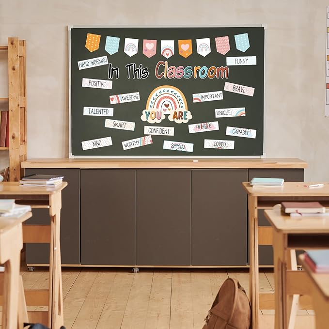 31 Pcs Bulletin Board Decorations Set Boho Classroom Decor Rainbow Motivational Word Wall Bulletin Board Set for Teachers School Chart Wall Supplies