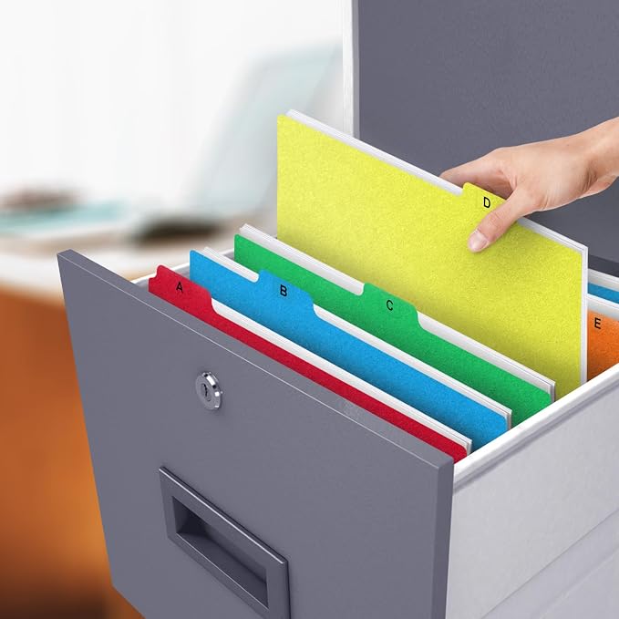 Alphabetical File Organizer, 25 Plastic Alphabet Dividers with Tabs Letter Size File Cabinet Dividers, Self Adhesive A-Z Labels – 5 Assorted Colors, 1/5 Cut Tabs for Filing Cabinet