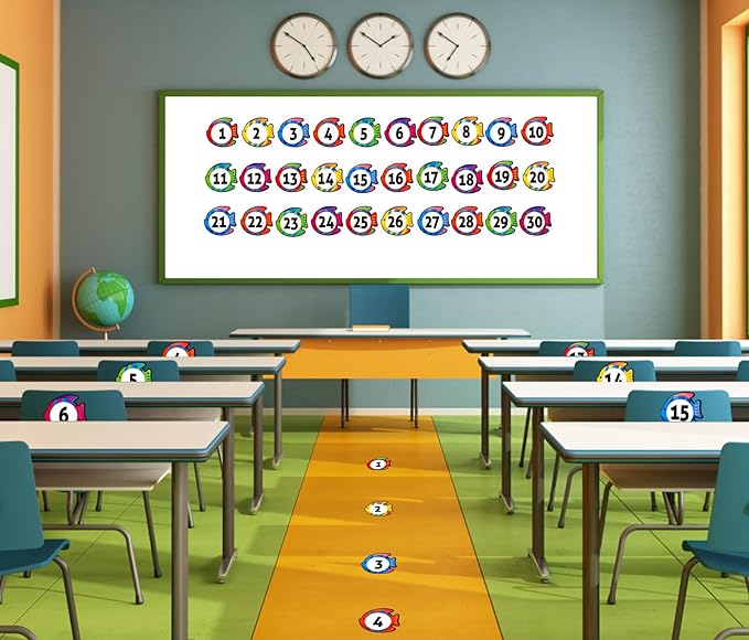 WhatSign 36Pcs Line Up Spots for Classroom Floor Numbers Stickers - Scratch-Resistant & Waterproof Vinyl - Contemporary Fish Theme - Math & Number Learning - Early Childhood Development Products