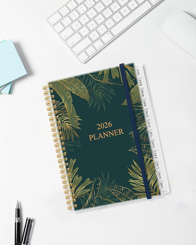 Planner 2026 - Weekly & Monthly Planner from January 2026 to December 2026, Agenda 2026 with Inner Pocket, Elastic Band, 6.4" x 8.5", Green Gold Leaf