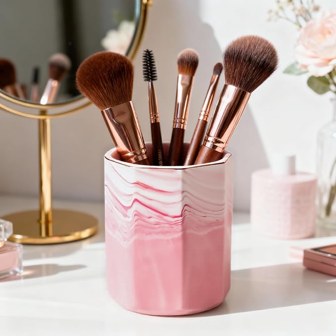 Aesthetic Desk Accessories Set of 2 For Your Office Desk Decor- Sturdy Concrete Desktop Accessories For Women or Men Enhance Any Office Decor - Set incl. Pen Holder, Paperclip Storage (pink and white)