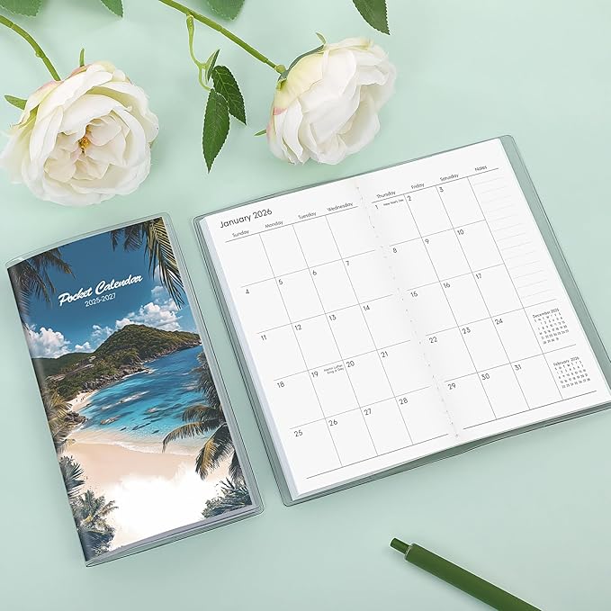 KONVINIT Pocket Calendar 2025-2027, Small Monthly Planner 2025-2027 - 3.7" x 6.7" - Runs from July 2025 Until December 2027, Pocket Calendar 2026 with Beach Cover for Planning