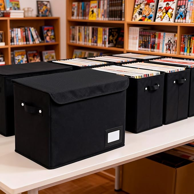 Comic Book Storage Kit with Storage Box, 25 Pack Dividers, 100 Pcs Current Bags and 100 Pcs Boards, Holds 160-180 Comic Book Collapsible Organizer with Handles, Heavy Duty Bin Container Holder Shelf