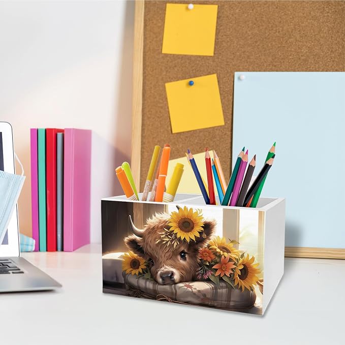 Sunflower Highland Cow Pen Holder for Desk, Highland Cow Lover Gifts Pencil Organizer, Cottagecore Wildflower Heifer Wooden Box Sign Desk Decor for Farmhouse Home Office Decoration