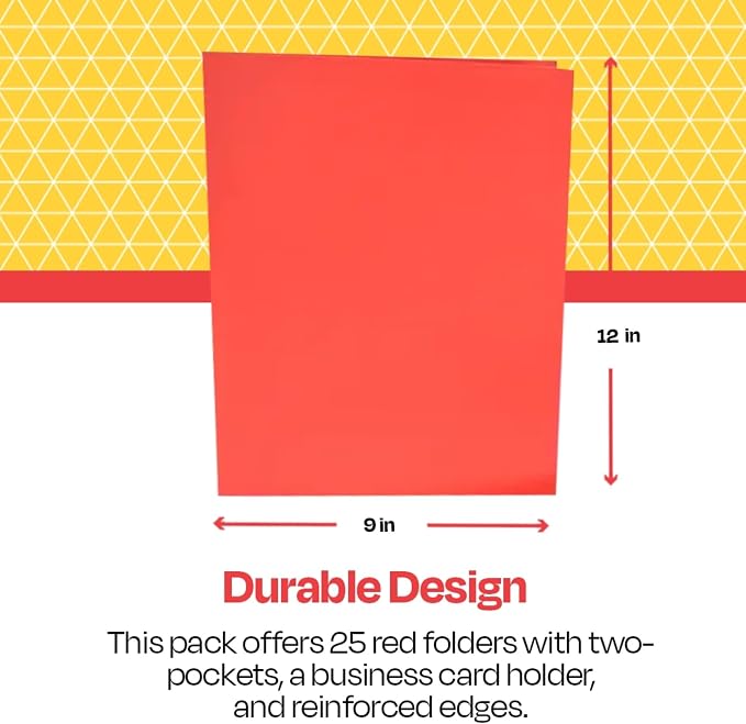 School Smart Extra-Large Folders with Pockets, 9 x 12 Inches, Red, Pack of 25