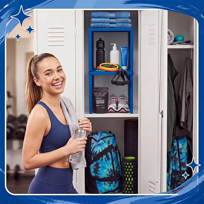 Colarr 2 Pcs Locker Organizer Shelf Stackable 2-Tier Shelves Fits Standard Size School Lockers Heavy Duty Metal Locker Shelf for School Office Gym Lockers Home Storage 11x 10 x 12 Inch(Deep Blue)