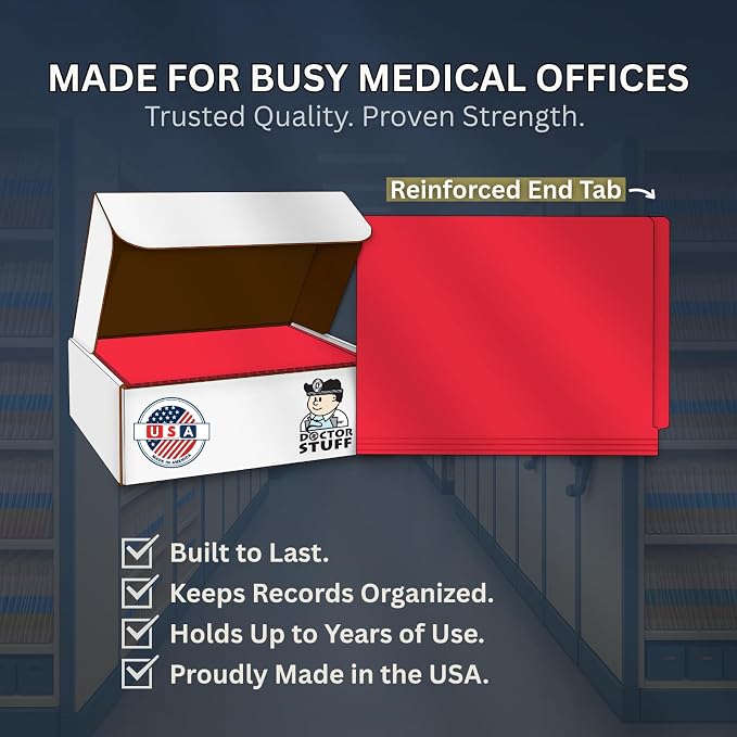 Red File Folders, Doctor Stuff, Letter Size Reinforced End Tab Folder with 2" Bonded Fastener on Inside Front and Back, 14 pt Stock, Carton of 250