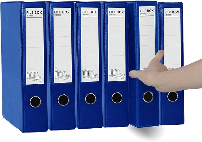 6 Pack Foldable Plastic Box Files A4 with Metal Clip,65mm Spine,Document Archive Folders for Office(Blue)