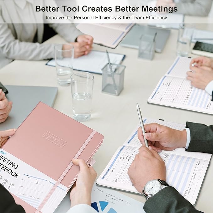 WEMATE Meeting Notebook for Work, Work Planner Notebook With Action Items, B5 Size Project Planner, Easily Take Meeting Notes & Keep Agendas on Track, Calender, Index Page, Inner Pocket, 7×10 Inch, Pink