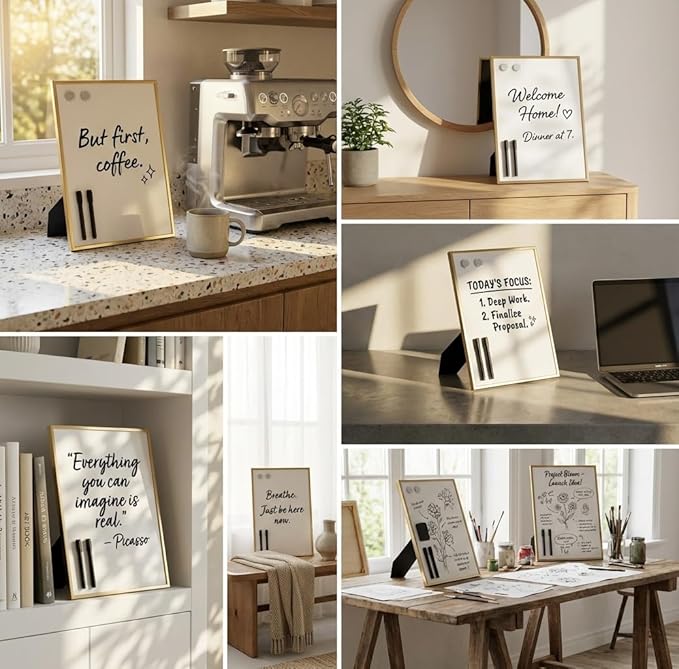 Small Whiteboard 12 x 16 Inch Magnetic Dry Erase Board with Stand & Wall Mount | Gold Aluminum Frame | Desktop Board for Home, Office, Reception, Events | 2 Markers, Eraser & 2 Magnets