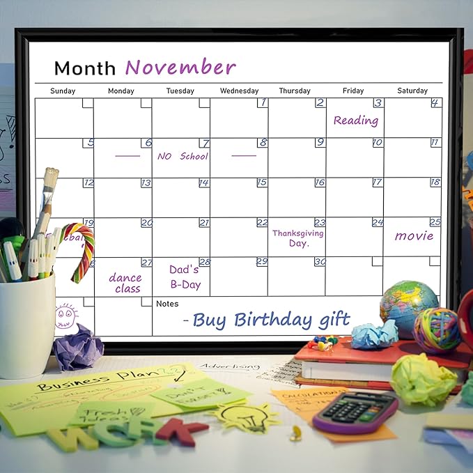 Umtiit Monthly Calendar Dry Erase Whiteboard 13 x 17 inch(33 x 43 cm), Black Wood Frame, Magnetic Surface Whiteboard for Planning/Schedule/School Timetable/Memo(BK-3343C,US)