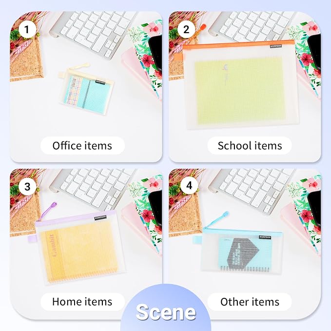EVA Frosted Mesh Zipper Pouch Bags,18 Pcs 6 Sizes Plastic Bags, 6 Colors Waterproof Pouches, for Travel, School Supplies, Office and Home Organization (18 pcs, Multicolor)