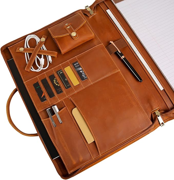 Genuine Leather Portfolio, Padfolio Organizer with Handle, Personalized Padfolio,Padfolio with Zipper for Men Women,Suitable for 15-inch Laptop Legal Pad Padfolio, Brown