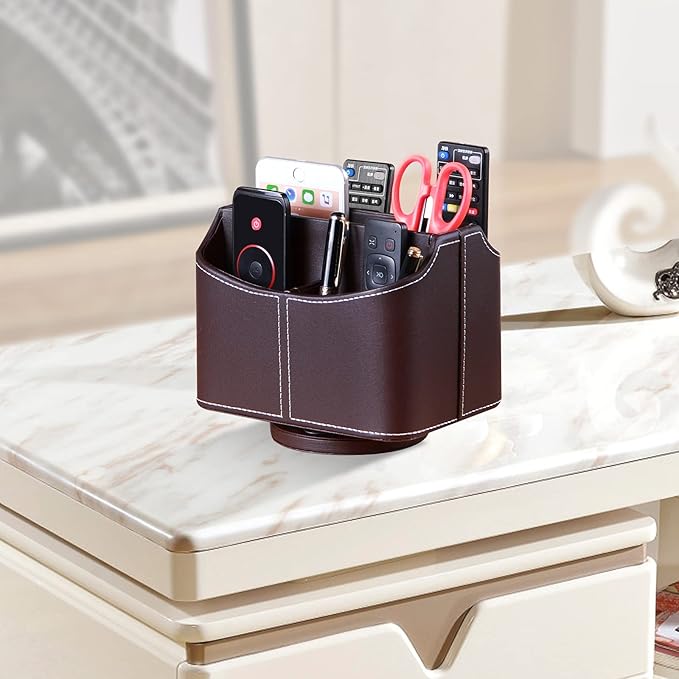 PU Leather Remote Control Holder, 360 Degree Spinning Desk TV Remote Caddy, Desk Organizers and Accessories, for Controller, Media, Mail, Calculator, Mobile Phone, Pen Storage Holder, Brown