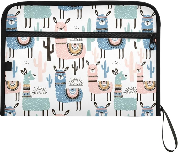 Cartoon Cute Alpaca 13 Pockets Expanding File Folder with Sticky Labels Accordion File Folder Document Organizer Letter Size A4 Papers Expandable File Keeper