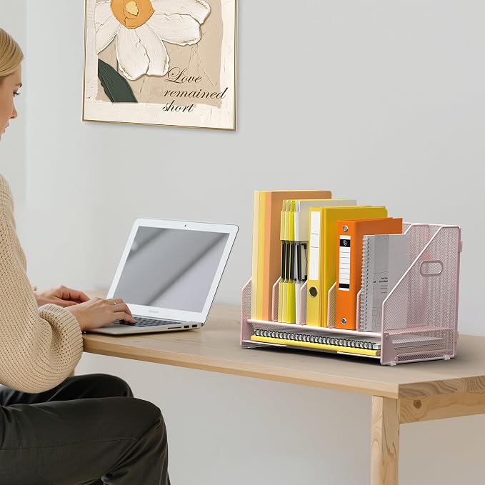 Docnest Desk File Holder Sorter, 5 Vertical Compartments Rack with Letter Tray, Mesh Magazine File Holder with Handle,Workspace Organizers,Desk Organizers for Paper, Mail, Documents-Pink