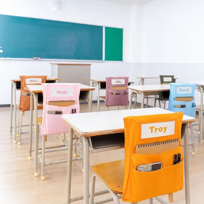 12pcs for Classroom 16.3x19.7inch Classroom Chair Pockets with Name Tag 3 Pockets Chair Organizer for Teacher Student School Office(Groovy)