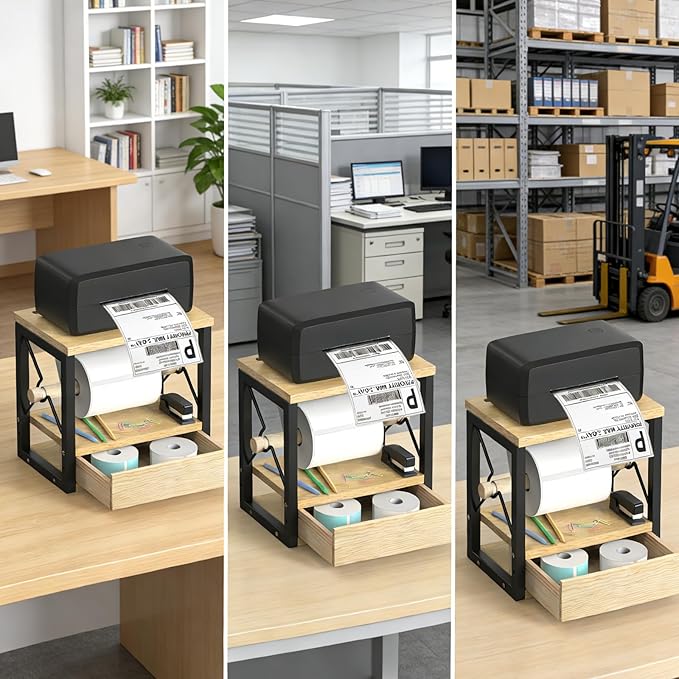 Label Roll Holder & FanFold Labels with Drawer, Wooden Label Holder for Thermal Printer Stand, Thermal Label Holder for Desktop Label Printer, Sticker Roll Holder for Home, Office, Work