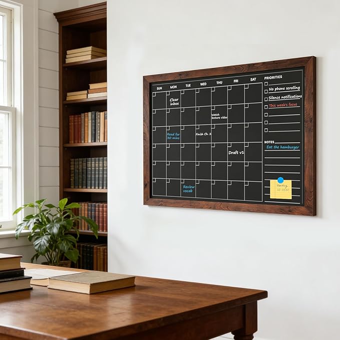 4 THOUGHT Monthly Calendar Chalkboard for Wall, 24" x 18" Magnetic Chalk Board with Rustic Frame, Large Blackboard Planner & Menu Board for Kitchen Home Office School, Includes 4 Markers & 8 Magnets