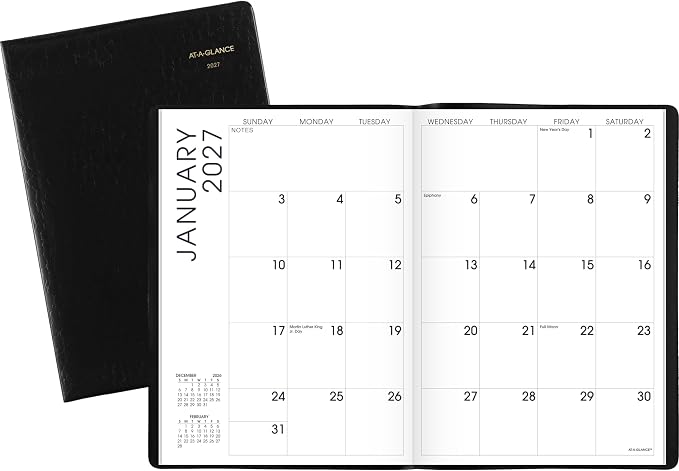 AT-A-GLANCE 2027 Planner, Monthly, 13-Month Jan-Jan, 7" x 10", Unruled Daily Blocks, Embossed Cover, Black (704320527)