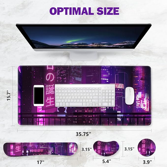 ToLuLu Extended Gaming Mouse Pad, Memory Foam Ergonomic Keyboard Mouse Wrist Rest Support Set, Large Desk Mat with Stitched Edges, Non-Slip Base Mousepad for Home Office, Neno City Anime Japanese