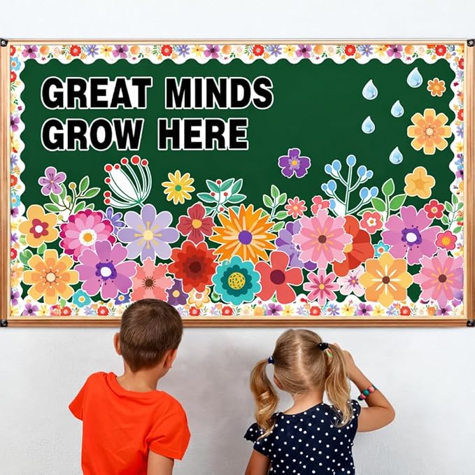 Wildflowers Spring Bulletin Board Set – Floral Great Minds Grow Here Classroom Decor – Sunflower Cutouts with Blackboard Borders for Back to School, Wall & Door Displays