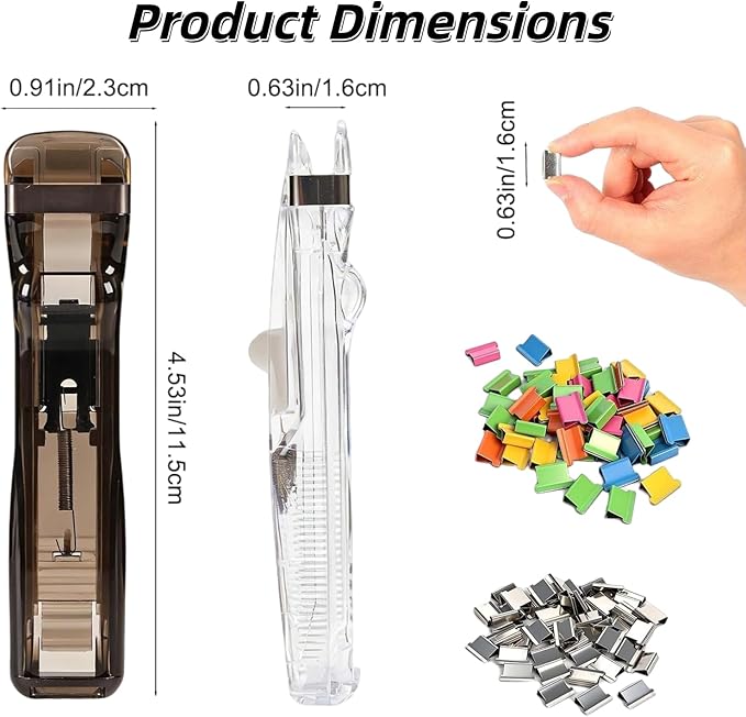 2PCS Portable Binder Clip Stapler, Includes 100 Reusable Clips, Handheld Push Clam Clip Dispenser for Document Organization, No-Hole Paper Clamps for Office School Home Desk Supplies