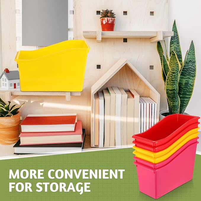 Teling 12 Pcs Book Bins Bulk - Plastic Book Storage Bin with Labels for Classroom Interlocking Magazine Holder Organizer Binder Container Box for School Office Desktop Bookshelf Home (Rainbow Bright)