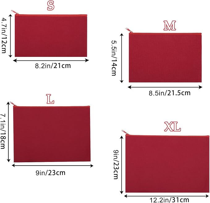 12 Pieces Cotton Canvas Makeup Bag, Multipurpose Cosmetic Bag with Zipper Travel Toiletry Pouch, Blank DIY Craft Bag (Red, XL)