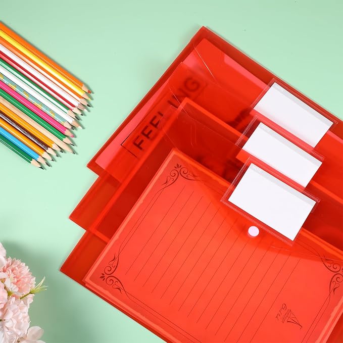 30 Pcs A4 Plastic Envelopes with Snap Closure, Red Plastic Envelopes A4 Size Poly File Folders, Plastic File Organizer with Label Pocket & Snap Button for School Home Organization (12.8 x 9.3 Inches)
