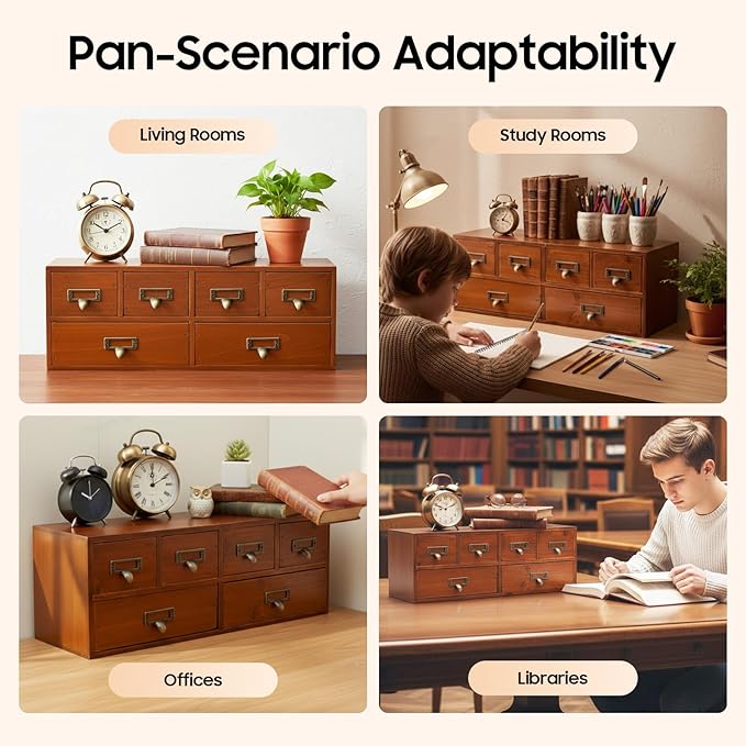 6 Vintage Desktop Storage Cabinet, Vintage Desktop Organizer Wood Desktops Organizers Library Card Catalog Cabinet with Metal Handles & Label Slot for Herb Storage Tea Collection Stationery Jewelry