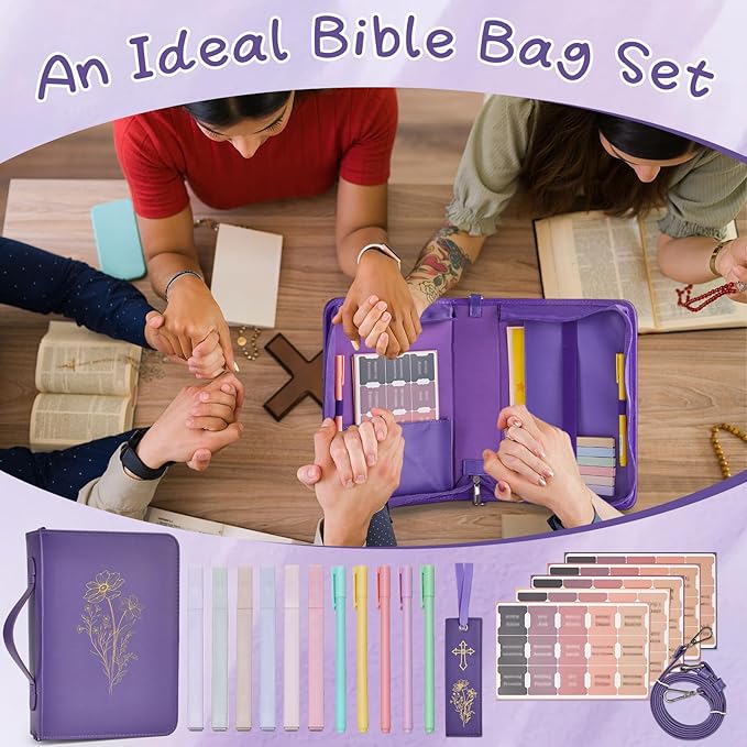 19PCS Floral Purple Leather Bible Cover for Women Bible Cover Cases for Teen Girls Christmas Gift Christian Church Carrying Bag Journaling Kit with Shoulder Strap Highlighter Pens & Book Marker