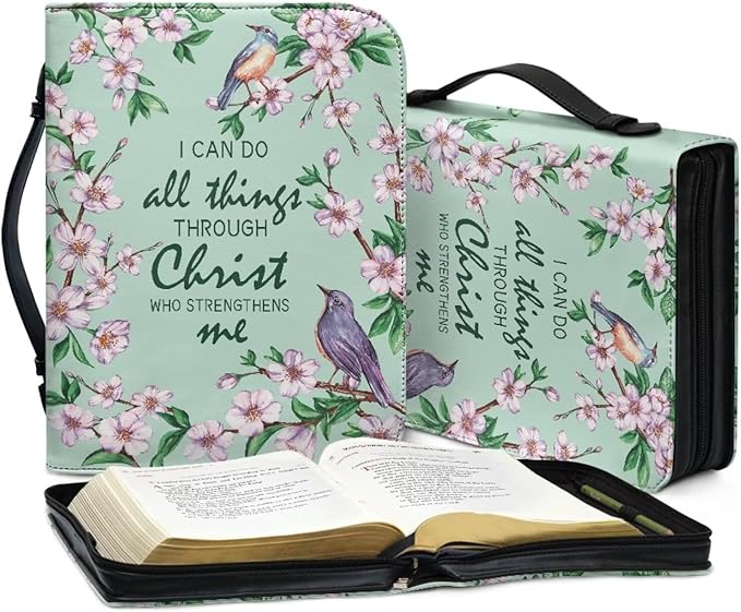 Christian Scriptures Psalms Birds and Flowers Leather Bible Cover with Handles,Green Zippered Bible Carrying Case for Women, Bible Tote Bag, Christian Gifts,X-Large