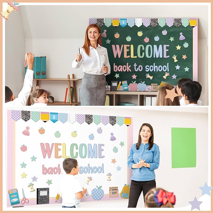Mooliwe 94 Pcs Composition Notebook Classroom Decor Welcome Back to School Bulletin Board Set Checkered Classroom Decor Pencil Apple Paper Cutouts for First Day of School Party Wall Door(Pastel)
