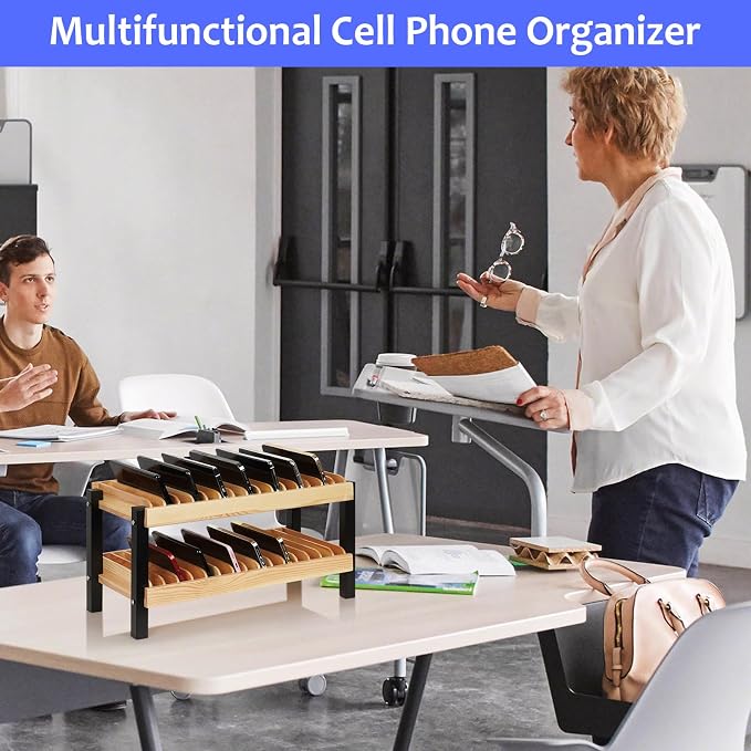 Echaprey 30-Grid Wooden Cell Phone Holder Desktop Multiple Classroom Storage Organizer Rack Box Caddy for Office School with 1-30 Number Stickers