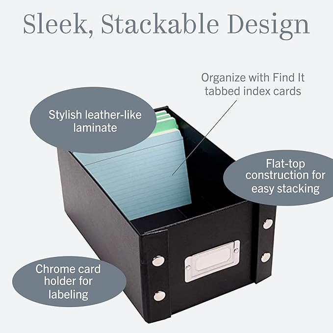 Snap-N-Store Index Card Holder Storage Box - Collapsible Organizer Box fits 1100 Flash Cards - Business, Recipe, or Note Card - 3 x 5, 2 Pack, Black