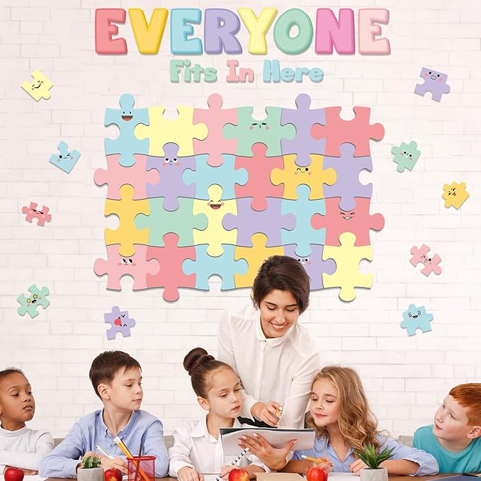 Pastel Welcome Bulletin Board Classroom Decoration Macaroon Puzzle Pieces Cutouts Bulletin Board Set for Wall Art Back to School Decor Educational Teacher Student Supplies Class Home Door Decoration