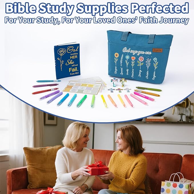 25 PCS Bible Study Supplies Kit, Large Capacity Canvas Tote Bag for Women Organizer, Bible Highlighters and Quick Dry Pens No Bleed Through, Notebook Bible Tabs Cross Bookmark Journaling Accessories