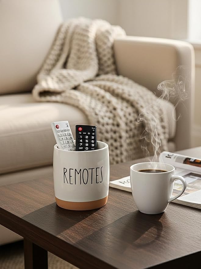 LEETOYI Ceramic Remote Caddy Storage, 4.8 Inch Remote Control Holder, Farmhouse Organizer for Pen Holder, Makeup Brush Holder, Office Supplies, White/Brown