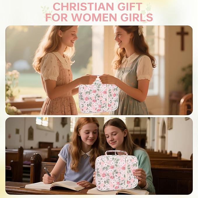 Bible Cover Case for Women Large Bible Cover with Durable Handle Quilted Bible Carrying Case for Girls Bible Study Supplies Accessories (Strawberry Garden, Strawberry Garden)